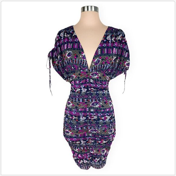 Vertigo Paris Printed The Masai V-Neck Ruched Mesh Bodycon Dress NWT New XS - Picture 2 of 5